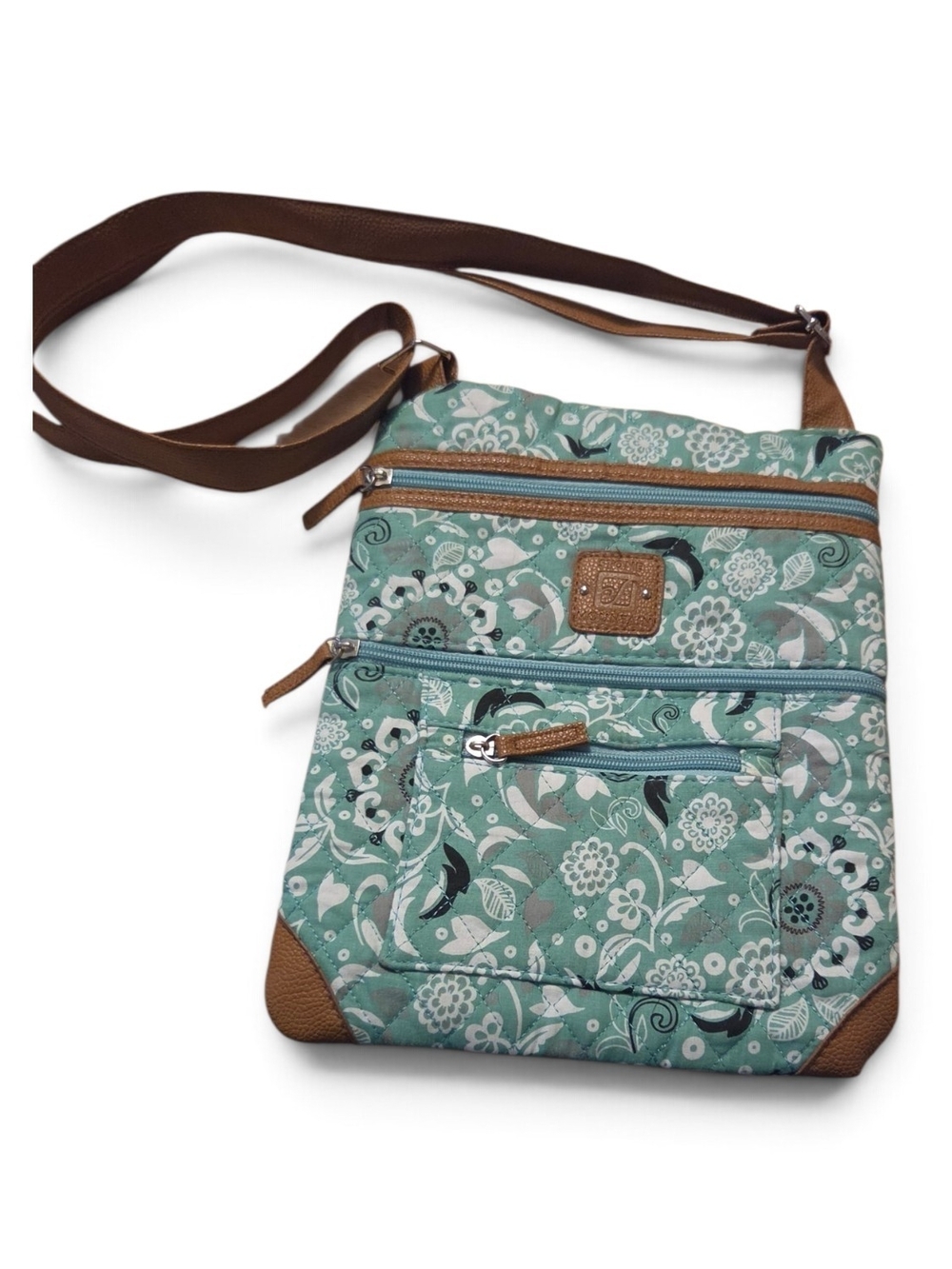 Stone Mountain Accessories Mint Green Floral Crossbody Bag with Brown Trim